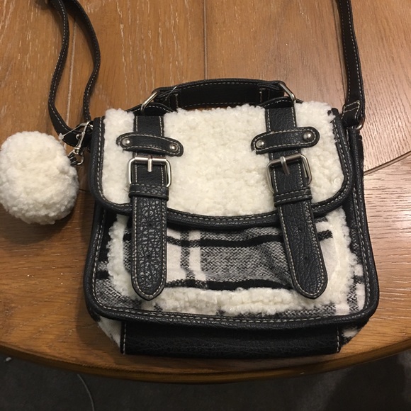 Chateau Handbags - Faux wool & sherpa plaid mini messenger crossbody